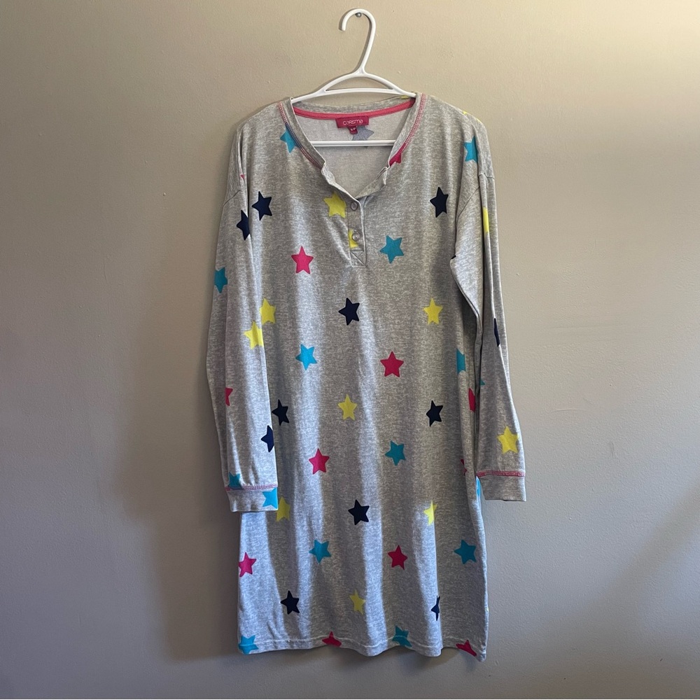 Charisma Multicolor Star Light Knit Pajama Dress W Henley Button Up Neck
